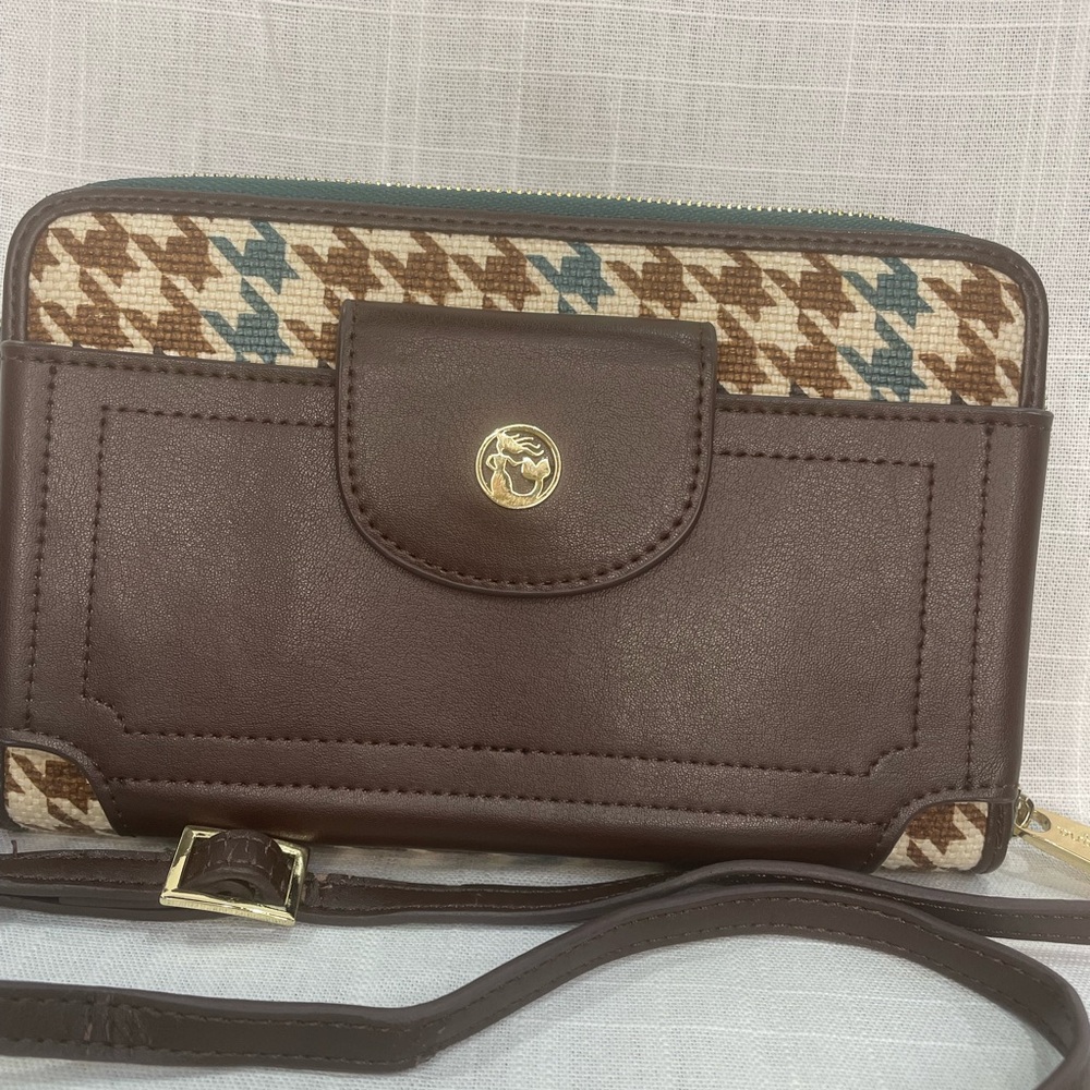 Spartina mini handbag crossbody leather linen wallet green brown houndstooth - Picture 3 of 14